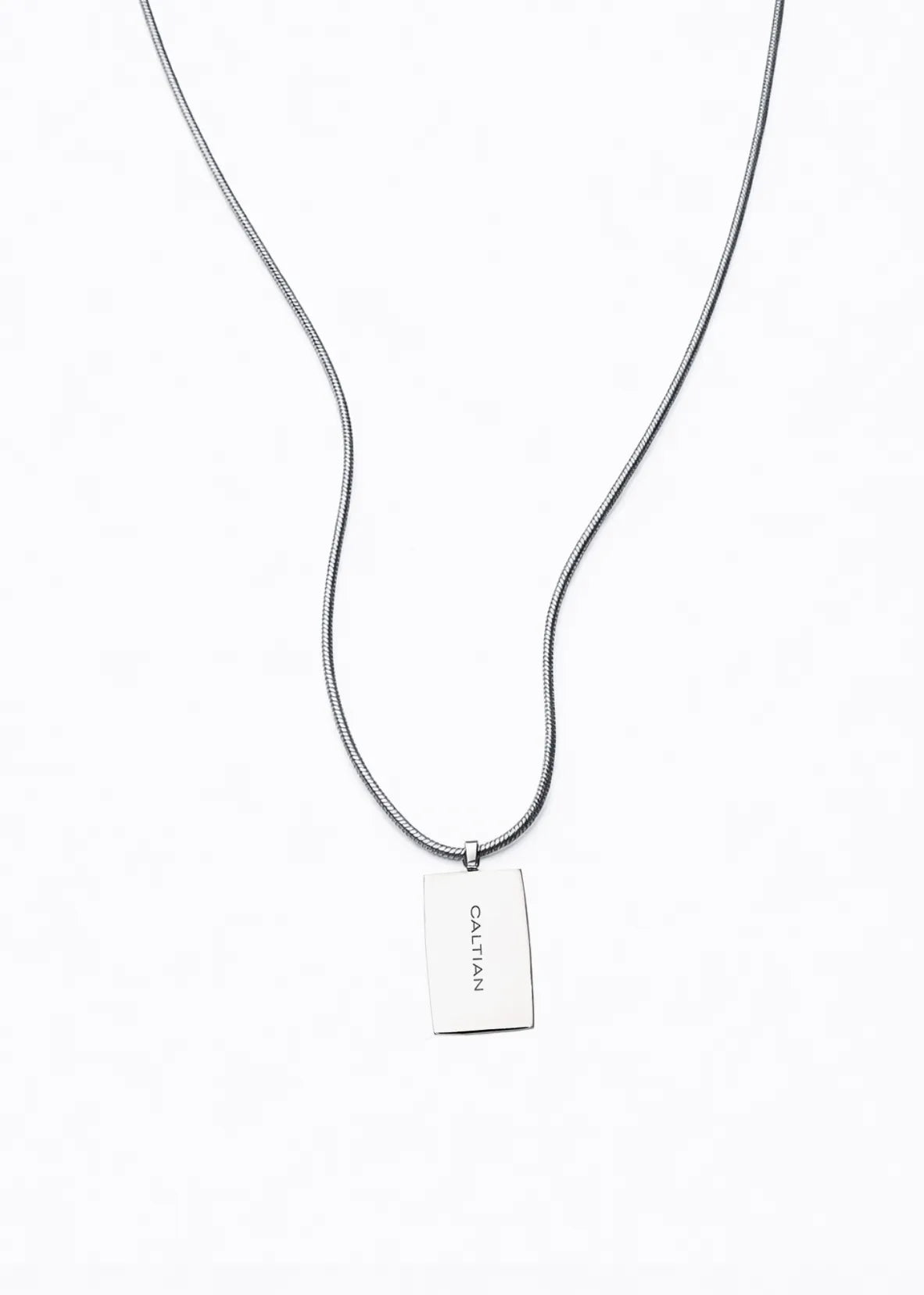 Backside of Caltian stainless steel 2mm snake necklace with hammered pendant and engraved logo