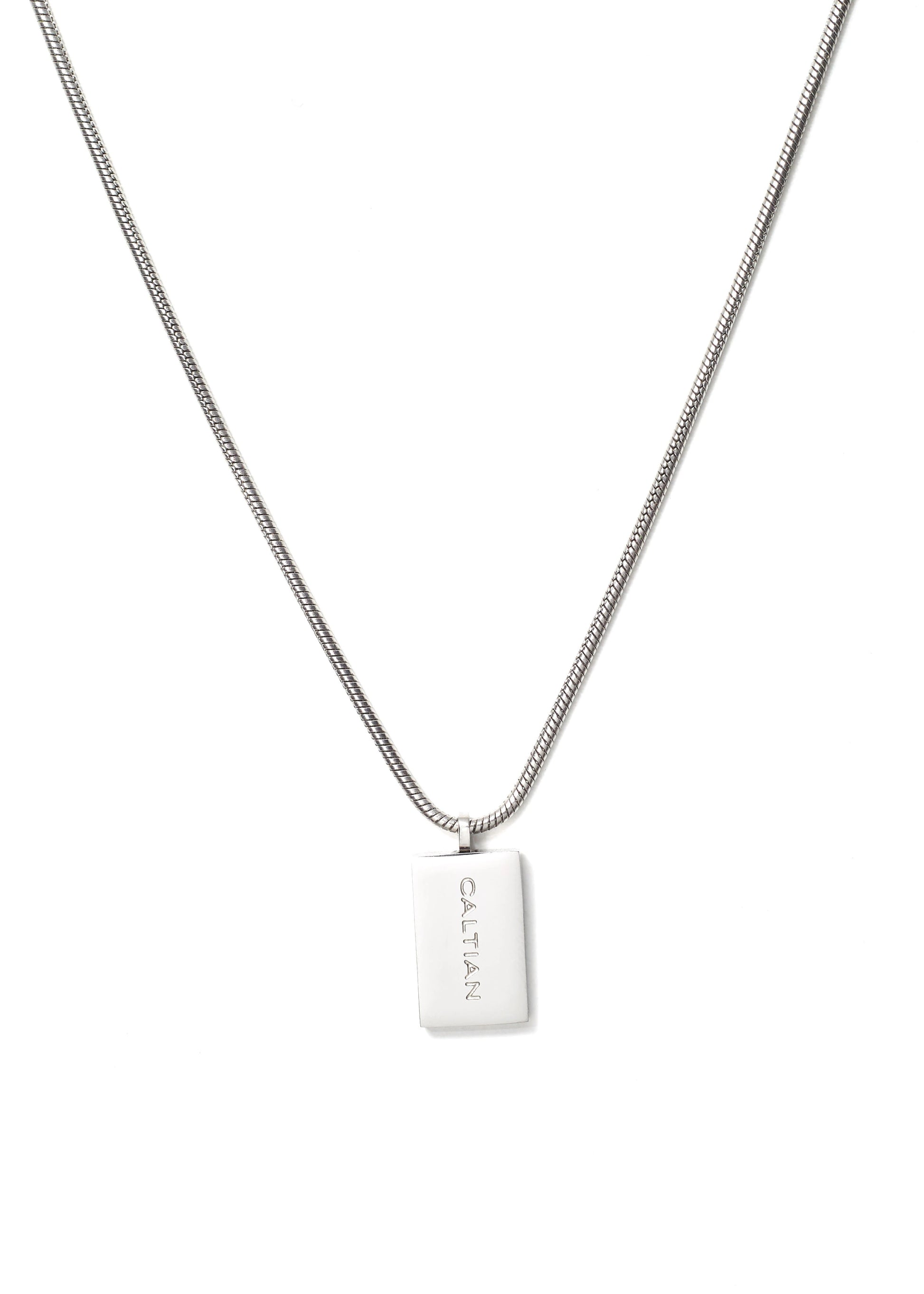 Caltian stainless steel 2mm snake necklace with hammered pendant and engraved logo on white background