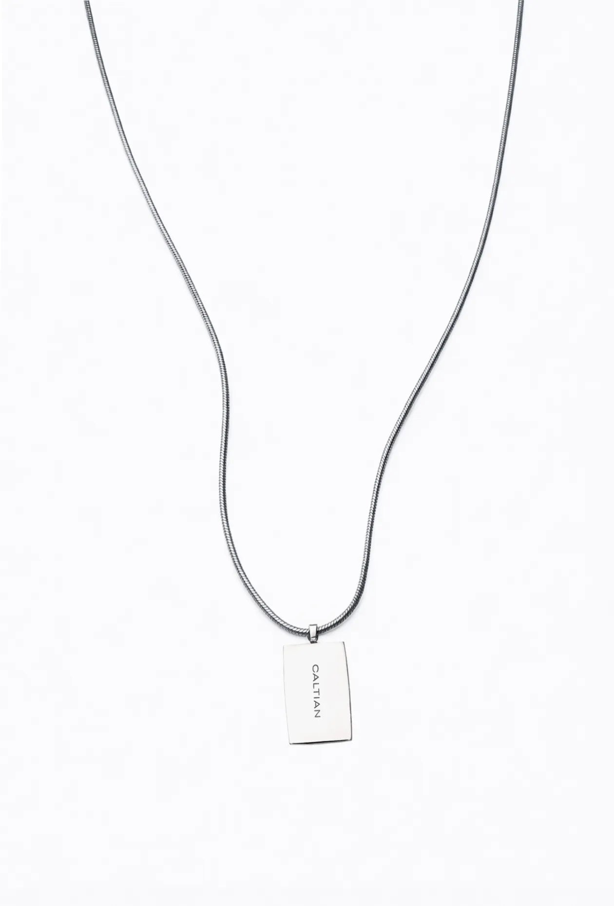 Caltian stainless steel 2mm snake necklace with wide pendant and engraved logo