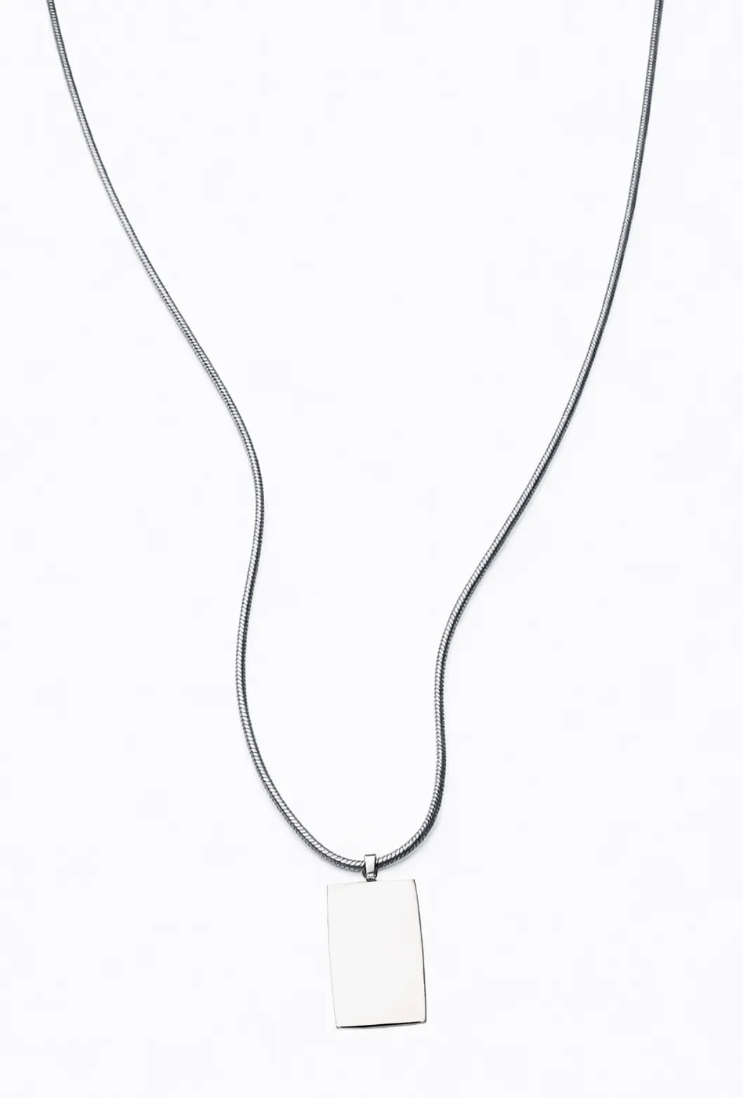 Backside of Caltian stainless steel 2mm snake necklace with wide pendant and engraved logo