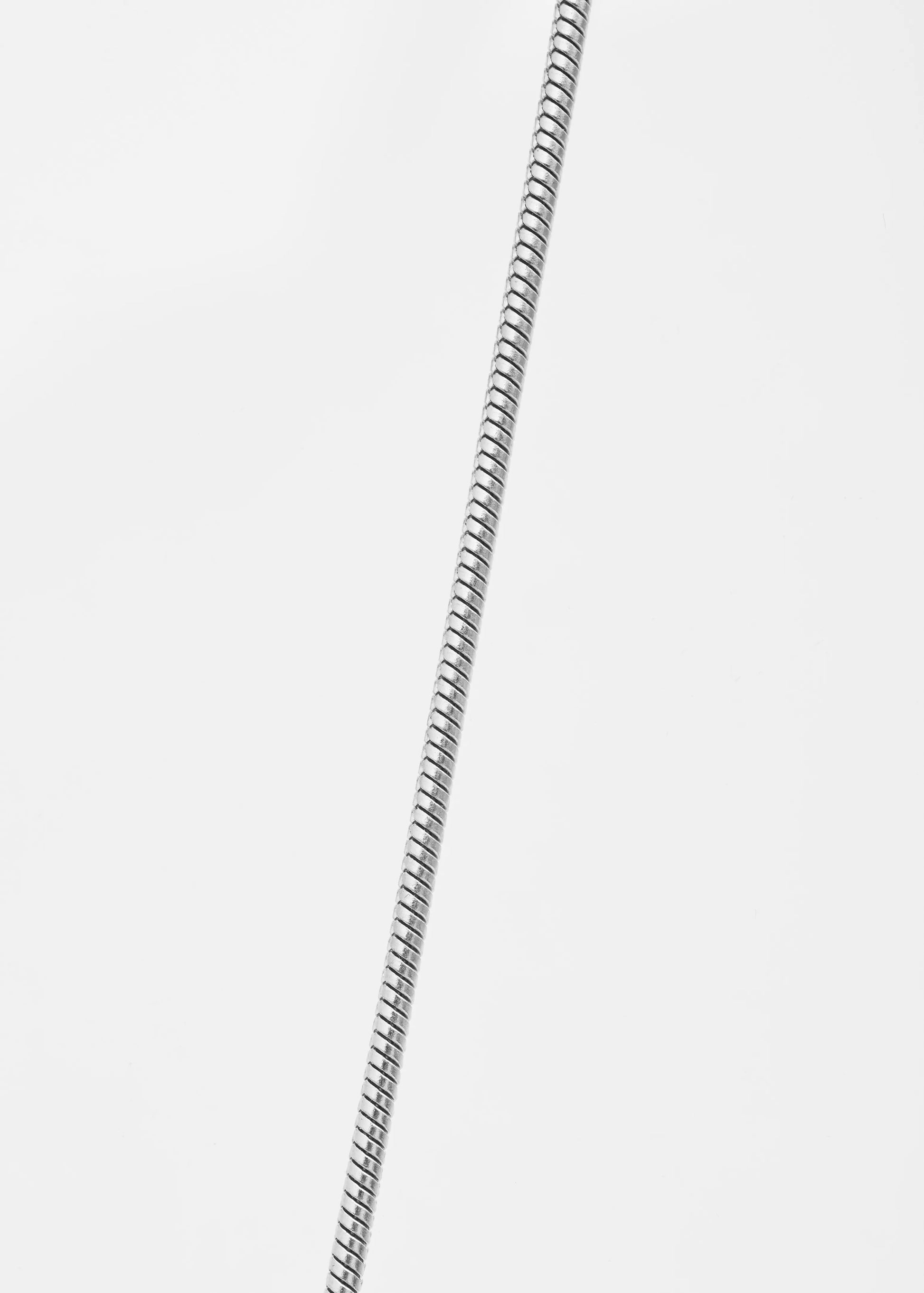 Close-up of Caltian stainless steel 2mm snake necklace with wide pendant and engraved logo