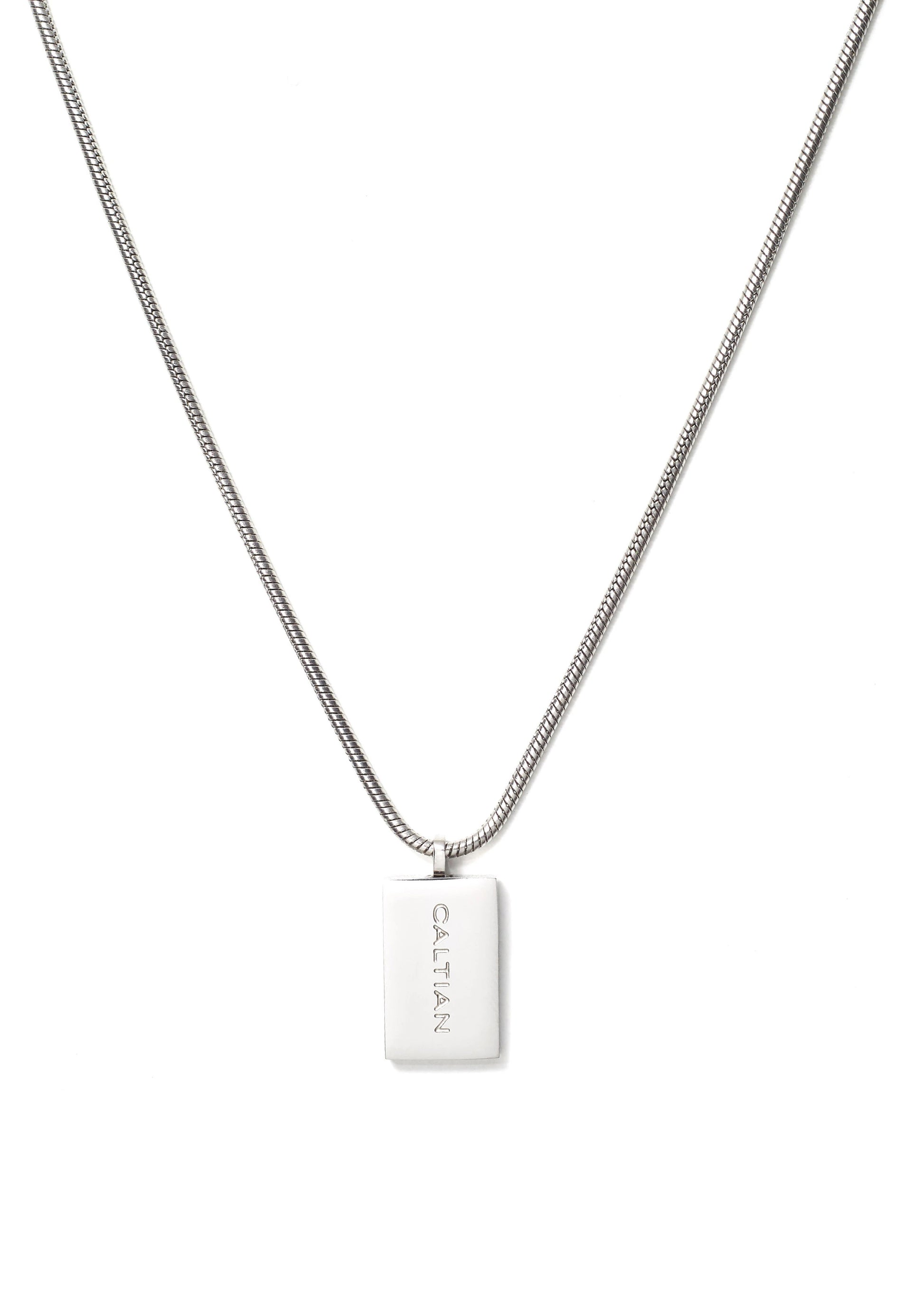 Caltian stainless steel 2mm snake necklace with wide pendant and engraved logo on white background
