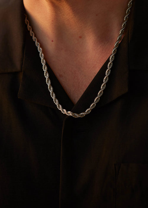 Mens jewelry Caltian stainless steel 5mm rope necklace on model with black shirt